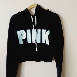 PINK cropped hoodie. Black with baby blue lettering